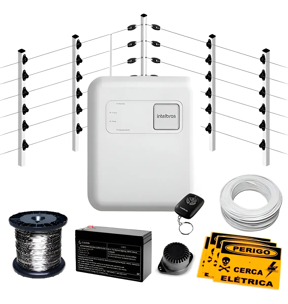 Kit Cerca Elétrica Intelbras - 30 Metros - Haste Inox 090mm - Com Bateria e Sirene